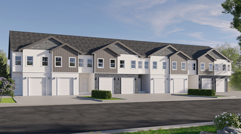 a rendering of a row of houses with a street in front of them